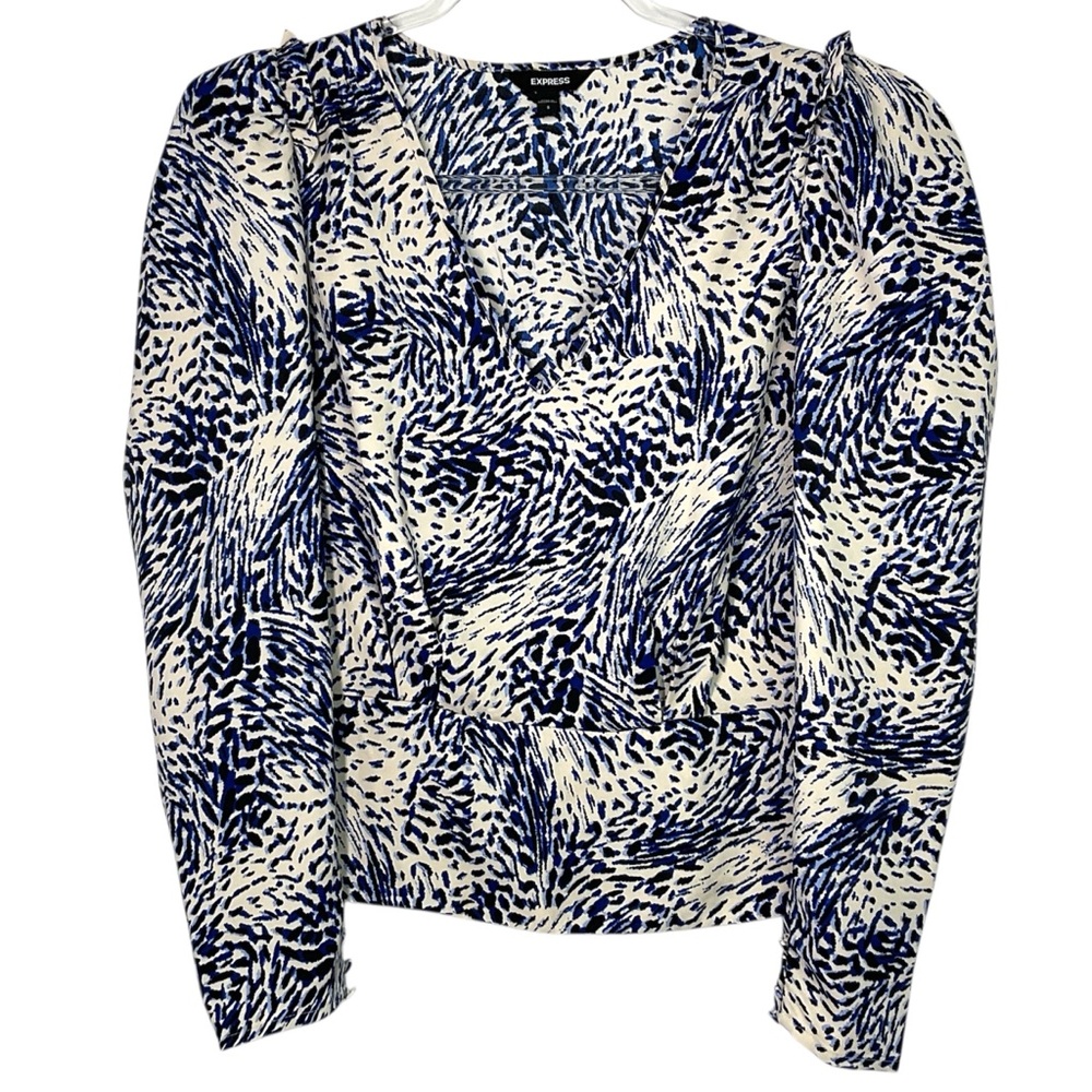 Express Multicolor Abstract Ruffle Smocked Long Sleeve Top Small